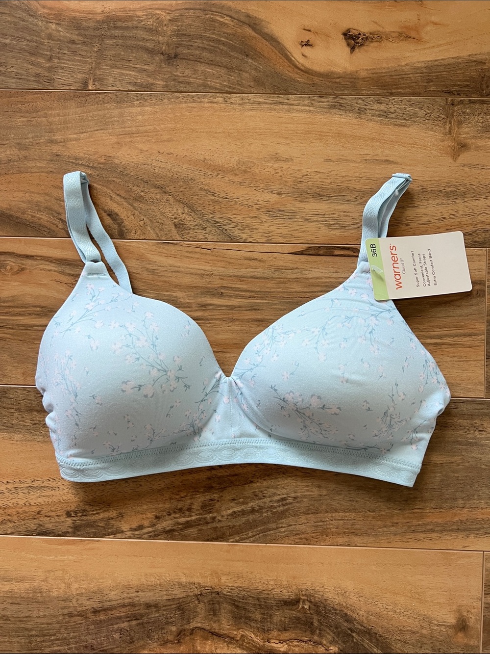 Warners Cloud 9 Bra 36B Blue Floral Wireless Cotton Super Soft Padded NWT